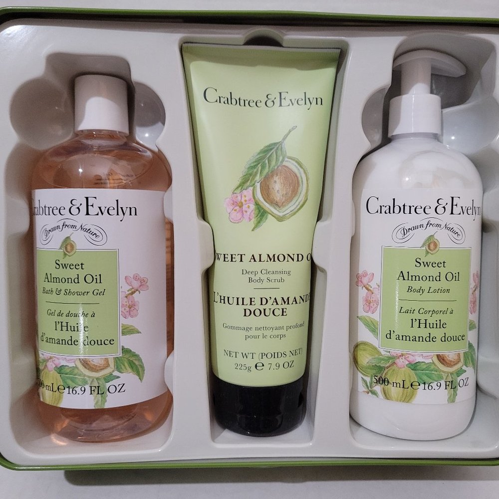 Crabtree & Evelyn Sweet Almond Oil bath & body trio Shower Gel Lotion Scrub Set